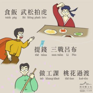 食飯，武松拍虎；提錢，三戰呂布；做工課，桃花過渡